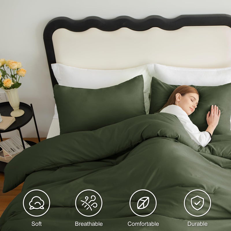CozyLux طقم لحاف الملكة CozyLux باللون الأخضر الزيتوني الداكن مكون من 3 قطع طقم سرير مبطن سادة قابل للتنفس طقم سرير ناعم فاخر منفوش مع لحاف بديل من الأسفل طوال الموسم (لحاف واحد و2 كيس وسادة) - Image 5